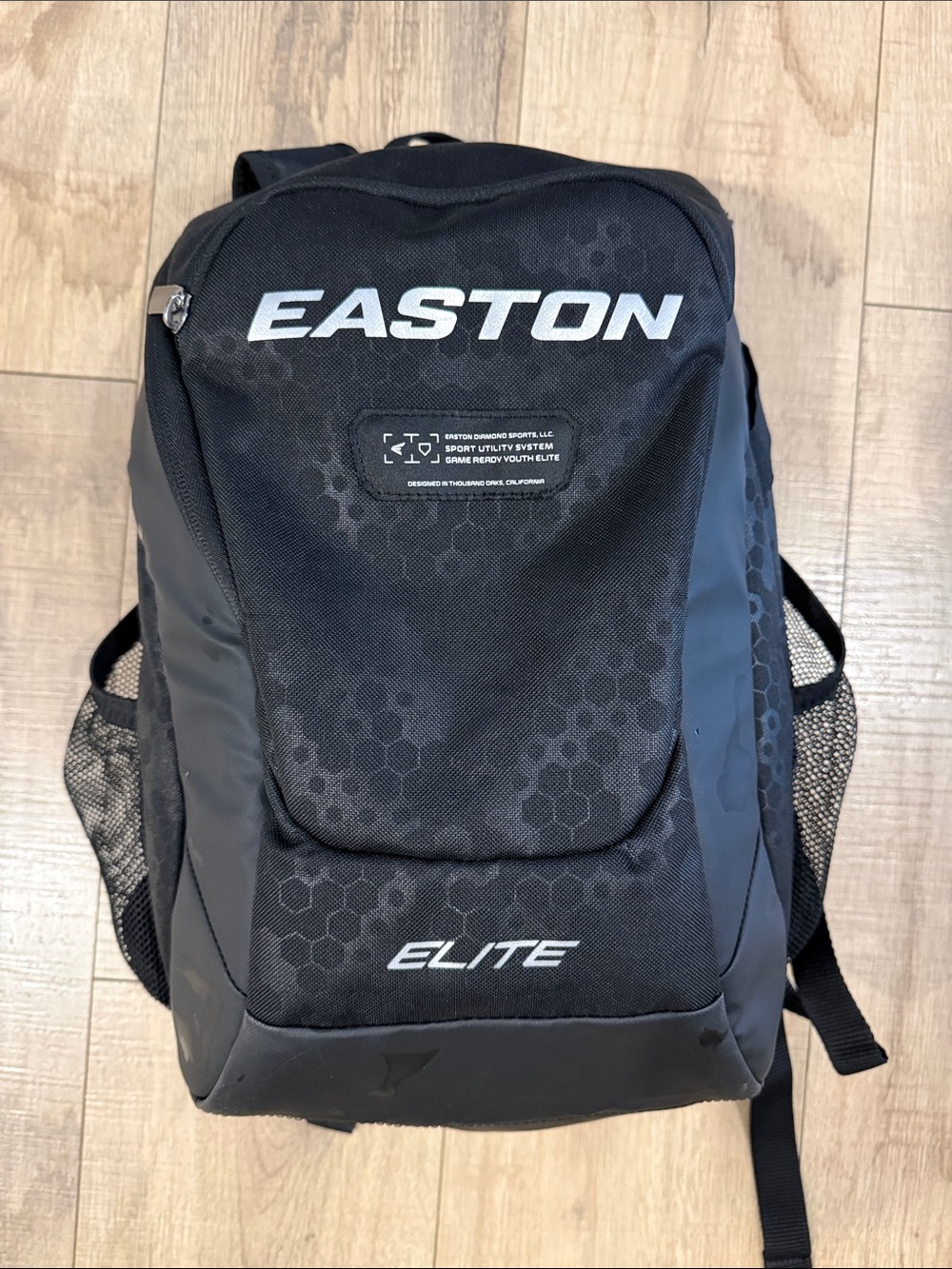 Easton Elite Black Youth Softball/Baseball Backpack with Subtle Hex Pattern